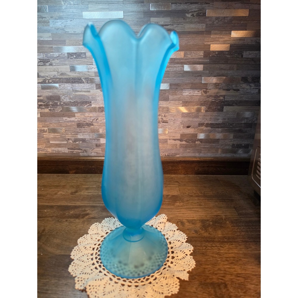 Westmoreland Frosted Blue Satin Glass Swung Tulip Vase Ruffled Rim 12.5 Inch